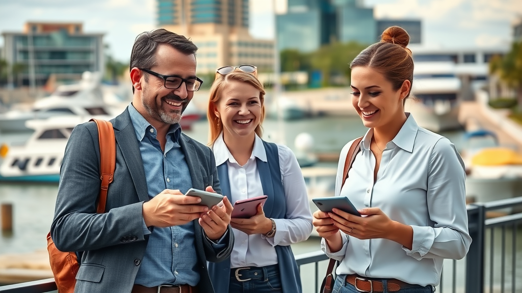 vibrant cityscape of Mandurah with confident local business owners discussing website design, digital devices, Mandurah waterfront, and landmarks in the background