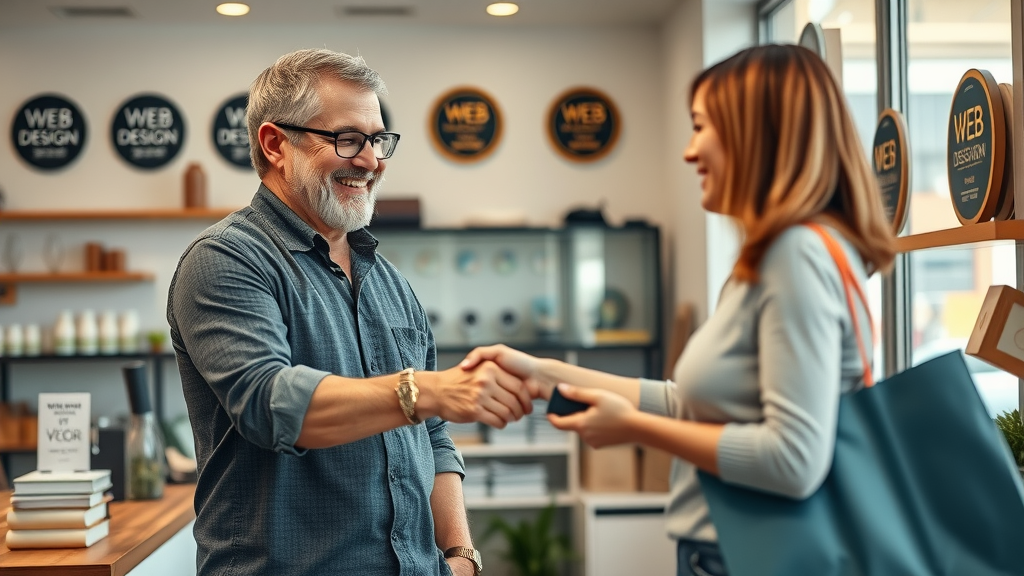 Mandurah small business thriving, owner sealing a deal with customer, digital payment, shop interior showcasing web design awards and Mandurah style