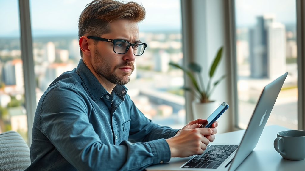 motivated Mandurah entrepreneur researching website design solutions, working on laptop in bright home office with city view, inspiration on digital screens