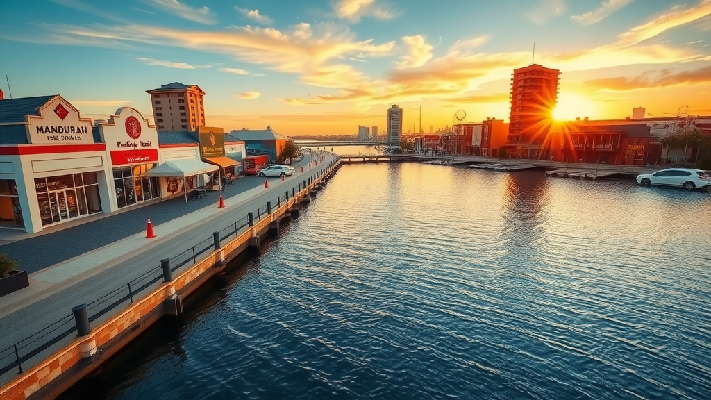 Vibrant Mandurah cityscape at sunrise inspiring local business storefronts - Mandurah web development