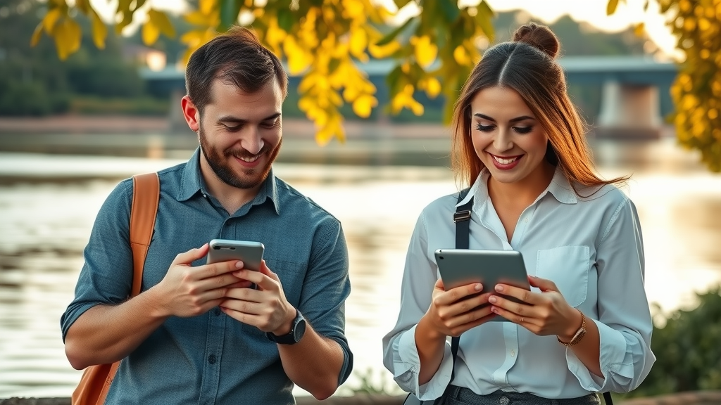 Mandurah small business team using responsive website outdoors on smartphones and tablets with riverside background