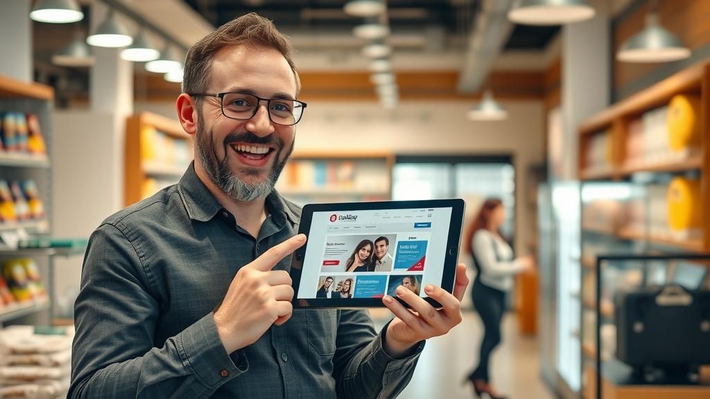 successful Mandurah store owner delighted at increased online engagement, holding tablet with attractive new website, modern retail with Mandurah details
