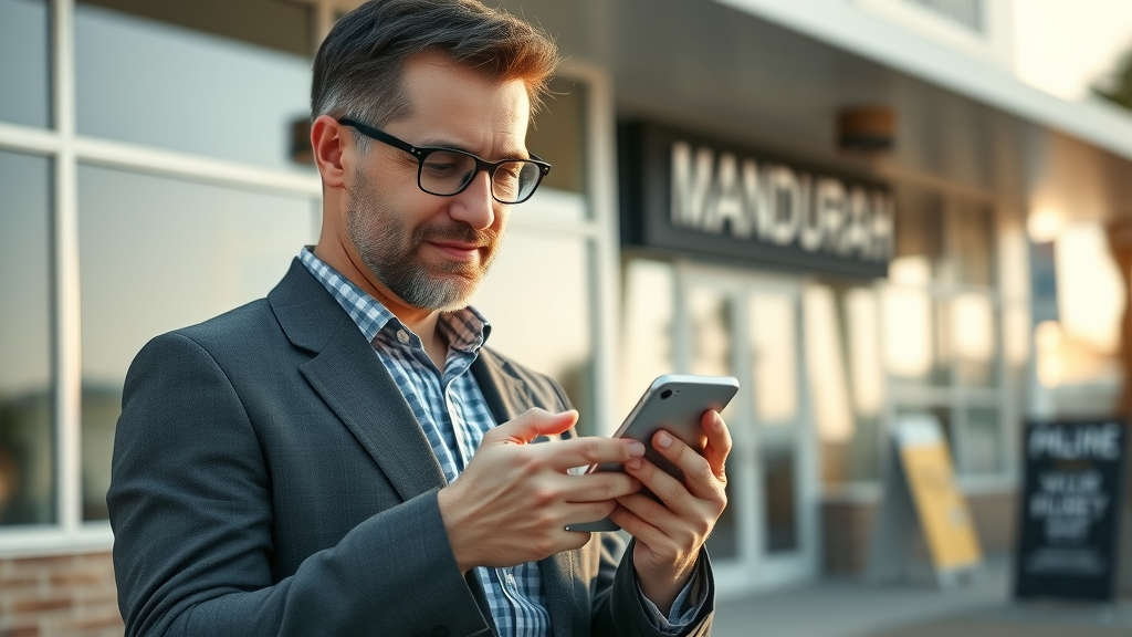 Confident Mandurah business owner checking mobile optimised website on smartphone