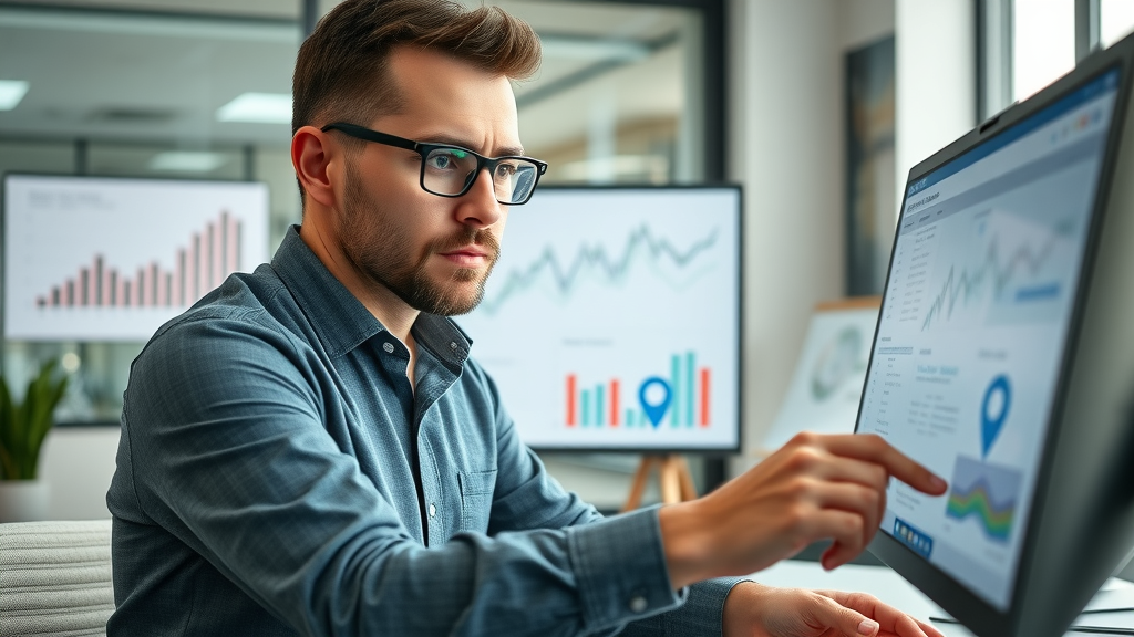 Custom website design Mandurah - digital marketer analyzing SEO data with Mandurah map, graphs, and strategy