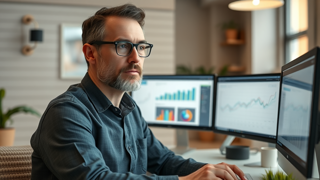 Confident Mandurah business owner monitors digital marketing reviews and analytics