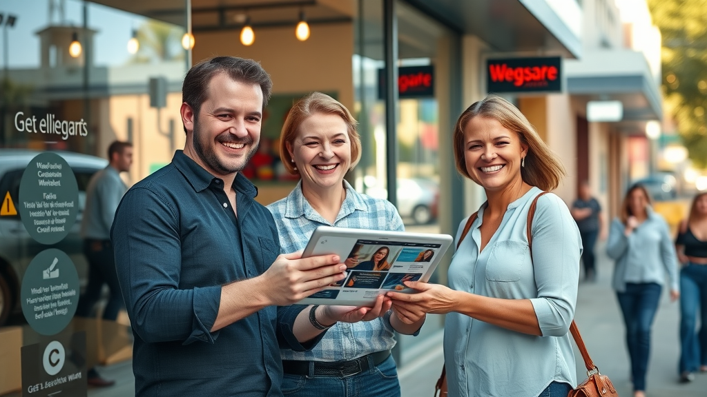 Custom website design Mandurah - vibrant small business storefront with owners discussing website layout on tablet, modern Mandurah street setting