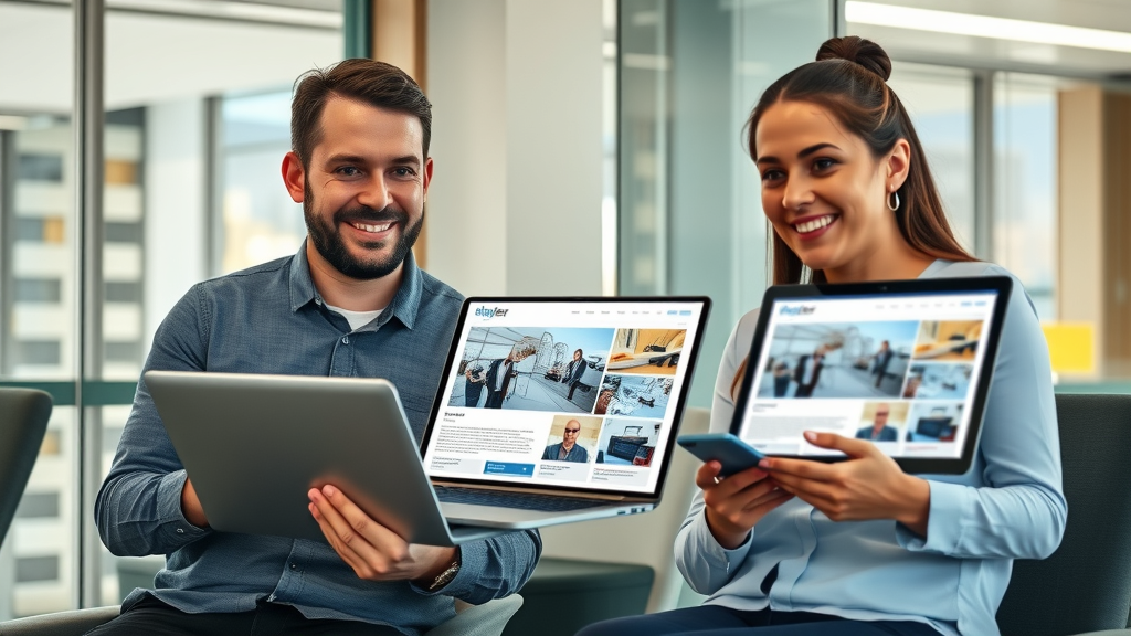 mandurah business owners reviewing responsive website design Mandurah layouts on digital devices in modern office